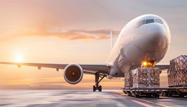 Cargo plane being loaded at sunset